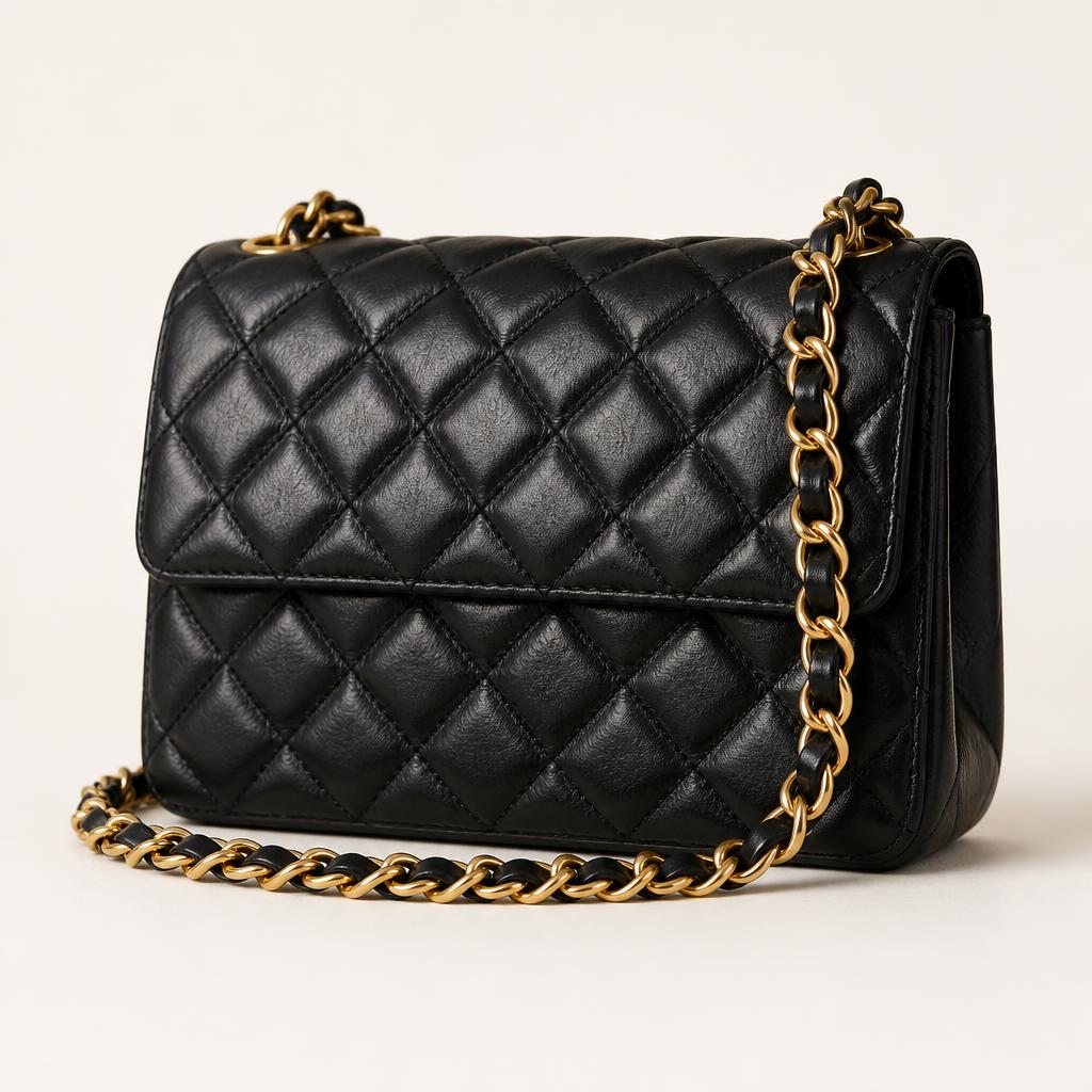Black quilted leather designer handbag with a gold chain strap