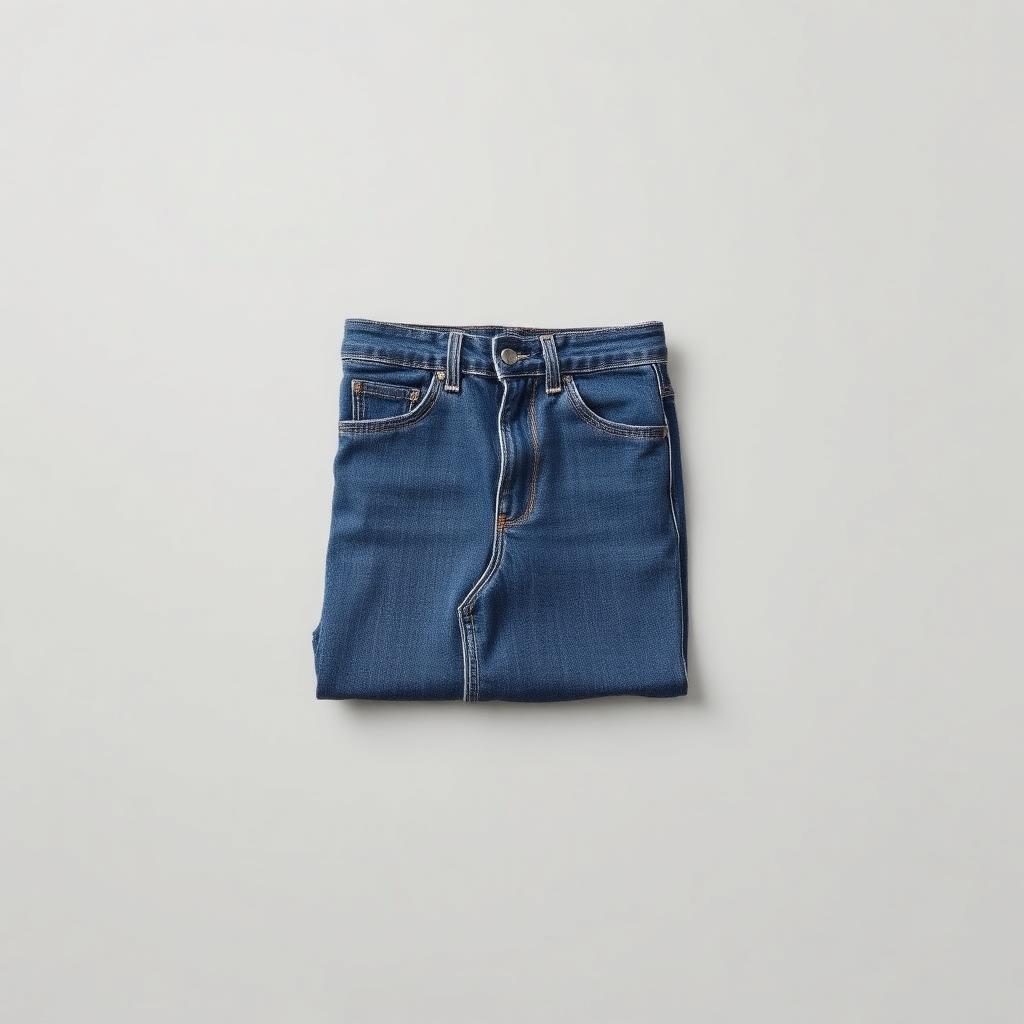 Folded medium-wash denim jeans photographed on a light background